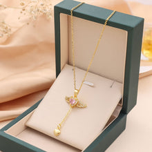 Load image into Gallery viewer, Womens Moving Cupid Heart Angel Wings Tassel Necklace With Crystal Clavicle Chain
