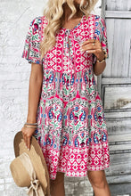 Load image into Gallery viewer, Pink Bohemian Print Tie Neck Ruffle Hem Short Dress
