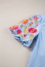 Load image into Gallery viewer, Light Blue Gingham Floral Embroidered Puff Sleeve Blouse
