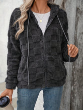 Load image into Gallery viewer, Checkered Texture Zip Up Drawstring Fuzzy Jacket
