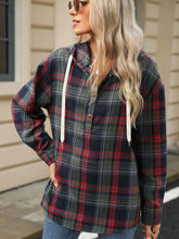 Load image into Gallery viewer, Drawstring Plaid Hooded Long Sleeve Top
