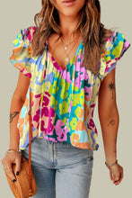 Load image into Gallery viewer, Ruffled Printed Tie Neck Cap Sleeve Blouse
