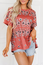 Load image into Gallery viewer, Red Paisley Print Side Slits Crew Neck T Shirt
