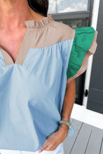 Load image into Gallery viewer, Mist Blue Colorblock Ruffled Sleeve Frill V Neck Blouse
