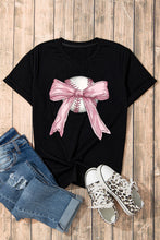 Load image into Gallery viewer, Black Baseball Bow Knot Print Round Neck T Shirt
