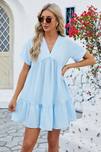 Load image into Gallery viewer, Ruched Tiered V-Neck Short Sleeve Mini Dress
