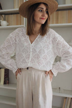 Load image into Gallery viewer, White Fanshaped Lace Hollow out Split Neck Puff Sleeve Blouse
