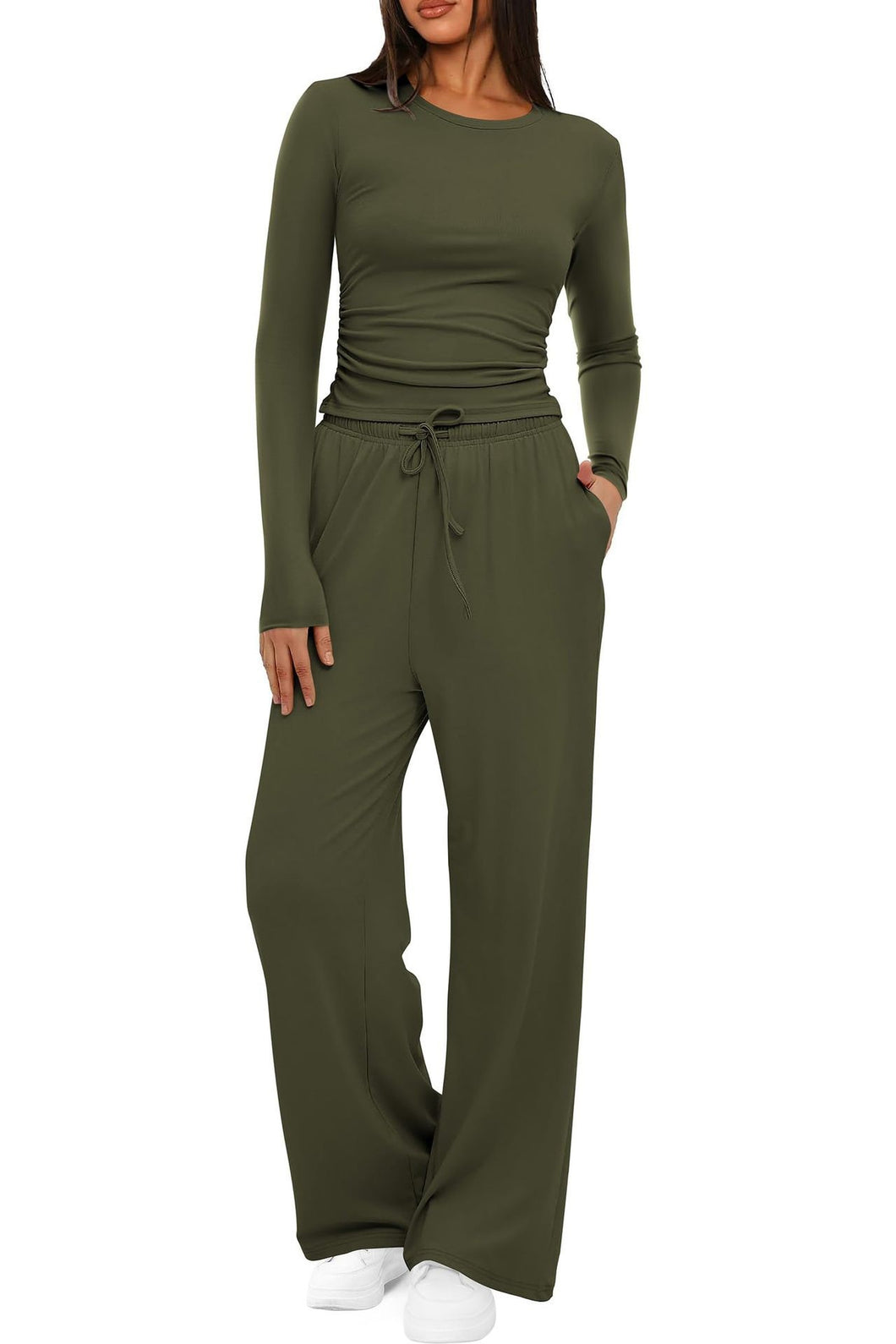 2 pc Set - Women's Suit Autumn / Winter -Long Sleeve Top + High Waisted Wide Leg Pants - Solid Color Sportswear Casual Suit
