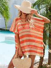 Load image into Gallery viewer, Tassel Openwork Striped V-Neck Cover Up
