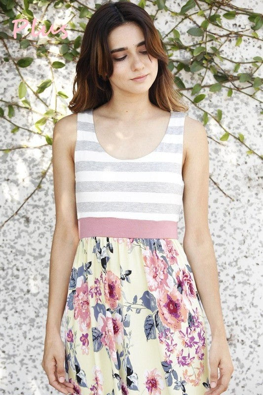 Plus Yellow Floral Grey Stripe Top Maxi Dress