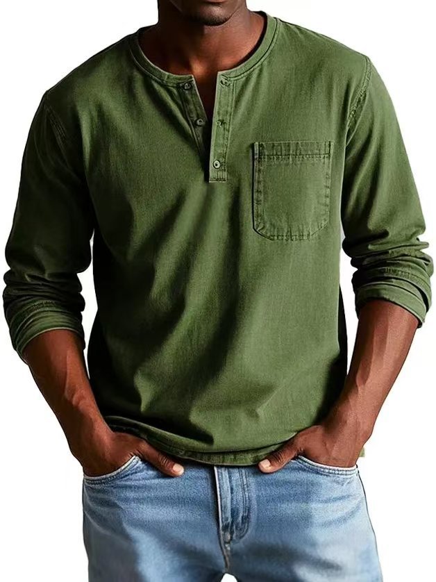 Mens V-neck Long-sleeved With Button Casual Solid Color Pullover Top