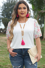 Load image into Gallery viewer, White Contrast Floral Puff Sleeve Ribbed Knit Plus Size Blouse
