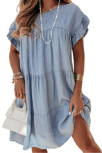 Load image into Gallery viewer, Beau Blue Ruffle Short Sleeve Tiered A-line Denim Dress
