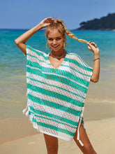 Load image into Gallery viewer, Tassel Openwork Striped V-Neck Cover Up
