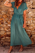 Load image into Gallery viewer, Green Solid Color V Neck Wrap Pleated Short Sleeve Maxi Dress
