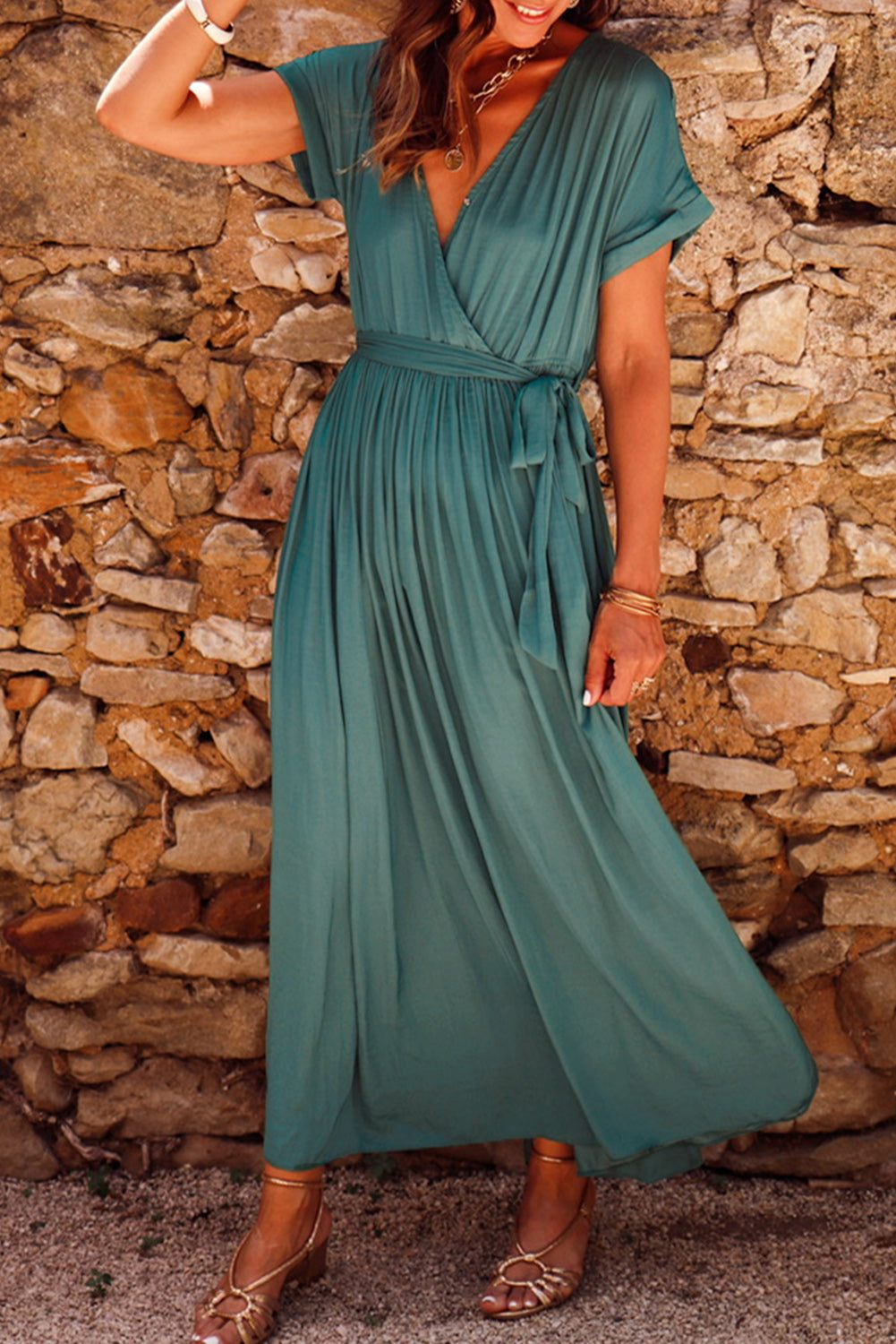 Green Solid Color V Neck Wrap Pleated Short Sleeve Maxi Dress