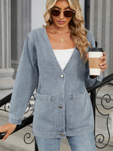 Load image into Gallery viewer, Pocketed V-Neck Button Up Denim Jacket
