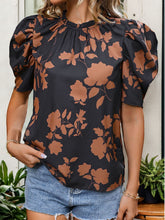 Load image into Gallery viewer, Frill Printed Round Neck Puff Sleeve Blouse
