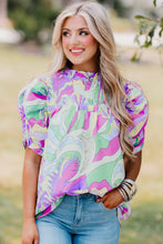 Load image into Gallery viewer, Green Abstract Print Bubble Sleeve Smock Detail Blouse
