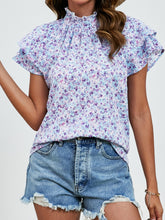 Load image into Gallery viewer, Ditsy Floral Mock Neck Flounce Sleeve Blouse
