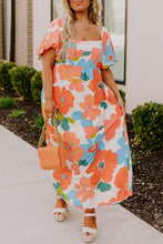 Load image into Gallery viewer, Orange Plus Size Flower Print Shirred Square Neck Maxi Dress
