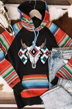 Load image into Gallery viewer, Multicolor Western Steer Head Aztec Serape Patchwork Pocketed Hoodie
