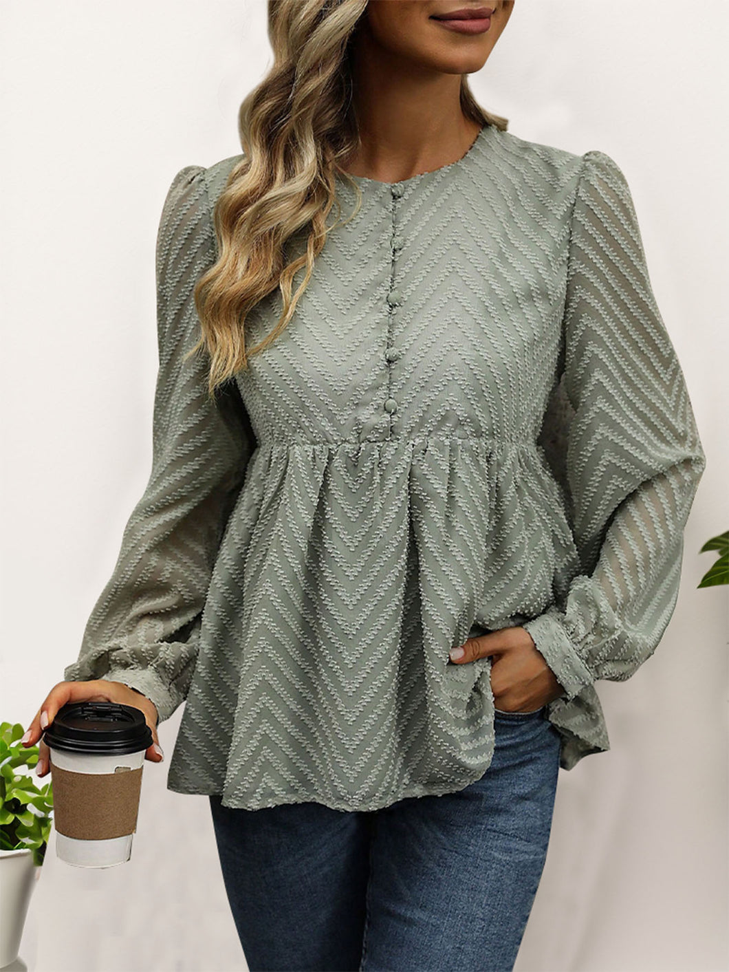 Peplum Round Neck Long Sleeve Blouse