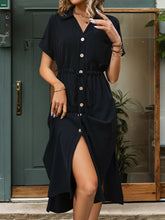 Load image into Gallery viewer, Slit Drawstring Button Up Short Sleeve Midi Dress
