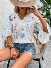 Load image into Gallery viewer, Ruffled Printed V-Neck Half Sleeve Blouse
