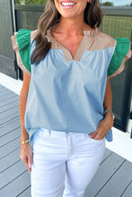 Load image into Gallery viewer, Mist Blue Colorblock Ruffled Sleeve Frill V Neck Blouse
