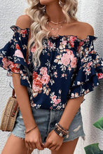 Load image into Gallery viewer, Blue Ruffle Off Shoulder Flounce Sleeve Floral Blouse
