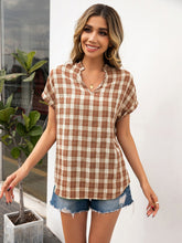 Load image into Gallery viewer, Plaid Notched Short Sleeve Blouse
