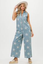 Load image into Gallery viewer, BiBi Star Print Half Zip Sleeveless Denim Jumpsuit
