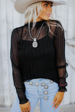 Load image into Gallery viewer, Black Dotty Lace Sheer Mock Neck Long Sleeve Blouse
