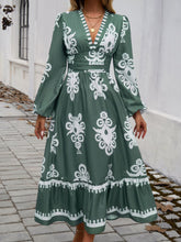 Load image into Gallery viewer, Devine Ruffled Printed Plunge Long Sleeve Dress
