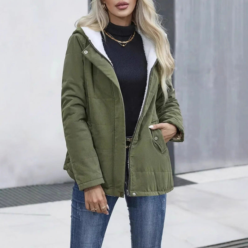 Womens Fleece-lined Hooded Coat Winter Preppy Style Long Sleeve Jacket Warm Pockets Cotton Coat