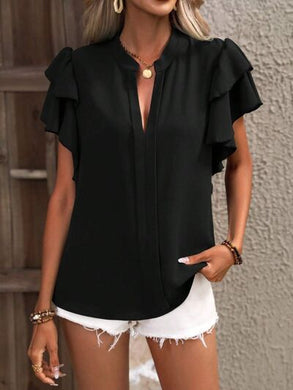 9 Colors - Ruffled Notched Short Sleeve Blouse Ti Amo I love you