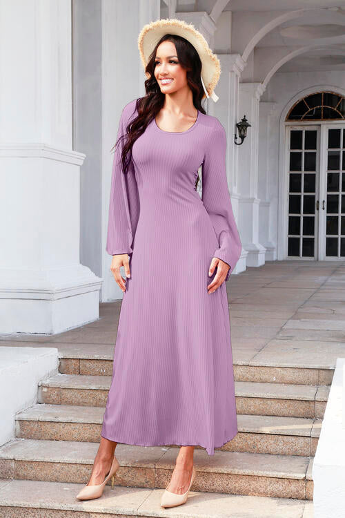 9 Colors - Tie Back Ribbed Round Neck Long Sleeve Dress Ti Amo I love you