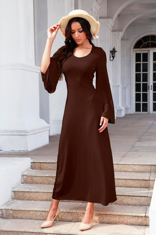 9 Colors - Tie Back Ribbed Round Neck Long Sleeve Dress Ti Amo I love you