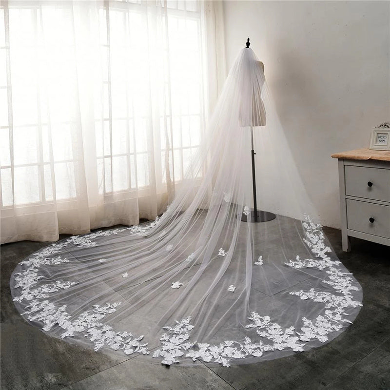 Bridal Embroidered  White Long Trailing Lace Veil