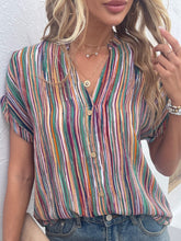 Load image into Gallery viewer, Shiny Striped Notched Short Sleeve Blouse
