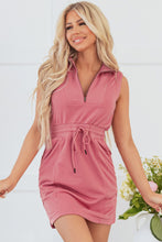 Load image into Gallery viewer, Mineral Red French Terry Zipped Collar Sleeveless Drawstring Waist Mini Dress
