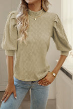 Load image into Gallery viewer, Apricot Vintage Textured Puff Sleeve Mock Neck Top
