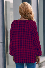 Load image into Gallery viewer, Plaid Tie Neck Balloon Sleeve Blouse
