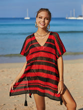 Load image into Gallery viewer, Tassel Openwork Striped V-Neck Cover Up
