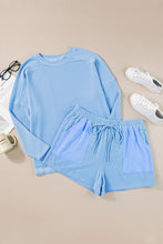 Load image into Gallery viewer, Light Blue Plus Size Ribbed Long Sleeve Top and Drawstring Shorts Set
