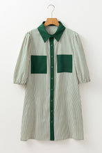 Load image into Gallery viewer, Green Patch Pockets Button Down Short Puff Sleeve Dress
