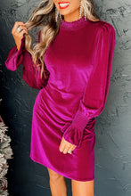 Load image into Gallery viewer, Rose Red Smocked Mock Neck Ruffled Puff Sleeve Velvet Mini Dress
