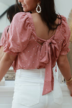 Load image into Gallery viewer, Pink Square Neck Dotted Print Puff Sleeve Blouse with Tie Back
