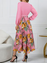 Load image into Gallery viewer, Pleated Printed Surplice Long Sleeve Dress
